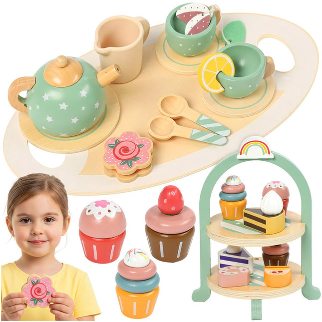Children's Wooden Tea Set with Cake Stand, 15 Pieces