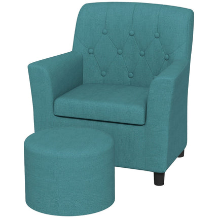 Children's armchair and sofa with footstool, blue linen