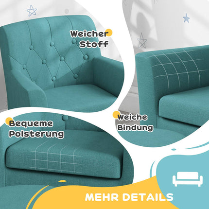 Children's armchair and sofa with footstool, blue linen