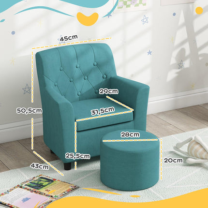 Children's armchair and sofa with footstool, blue linen