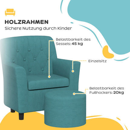 Children's armchair and sofa with footstool, blue linen