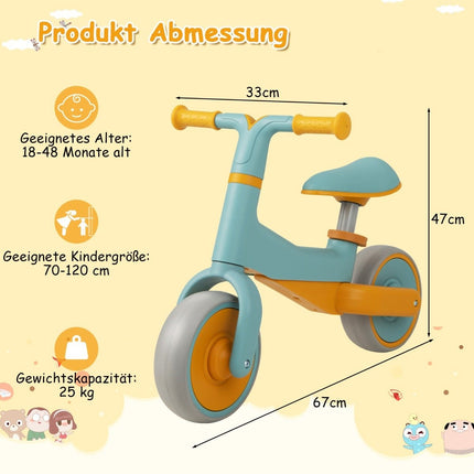 Children's balance bike without pedal, height-adjustable balance bike with limited steering and 2 wheels, blue