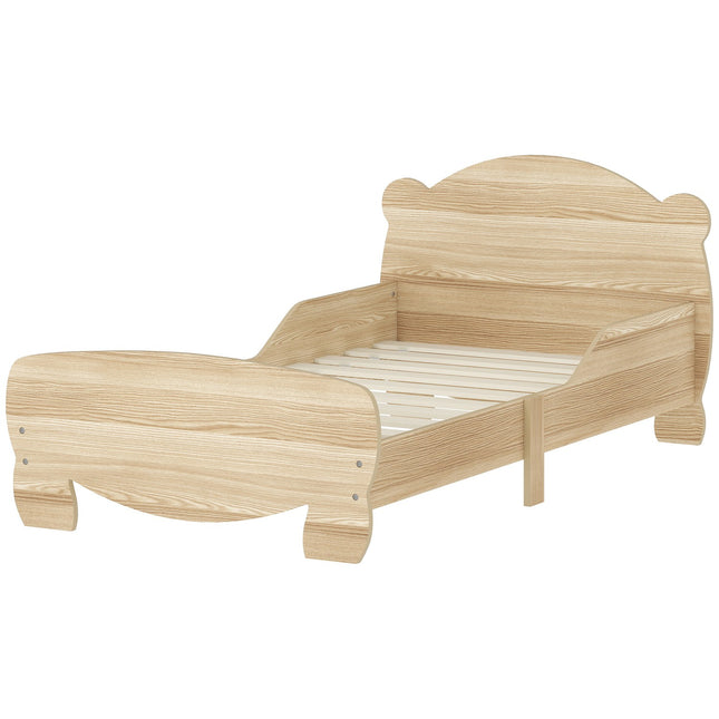Pat pentru copii 143,5 x 80 cm, pat de casa din lemn masiv, pat pentru tineret cu protectie impotriva caderii, pat de joaca suporta pana la 80 kg, pat de o persoana cu design urs pentru camera copiilor, lemn natural