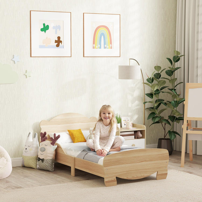 Pat pentru copii 143,5 x 80 cm, pat de casa din lemn masiv, pat pentru tineret cu protectie impotriva caderii, pat de joaca suporta pana la 80 kg, pat de o persoana cu design urs pentru camera copiilor, lemn natural