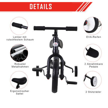 Bicicletă de echilibru pentru copii cu roți de antrenament, pedale, scaun reglabil pe înălțime, pentru 2-5 ani, PP, negru