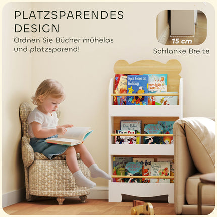 Bibliotecă pentru copii cu 3 rafturi, raft de depozitare din lemn, 55 x 15 x 110 cm, alb