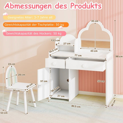 Masuta de toaleta copii in forma de nor Masuta de toaleta 2 in 1 cu taburet masa cosmetica alba