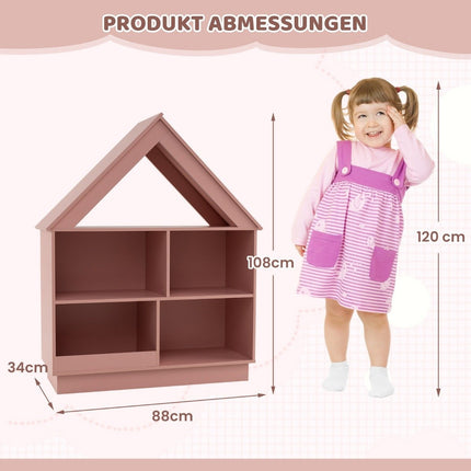 Children's house-shaped bookcase, wooden children's shelf with 5 compartments, 88 x 34 x 108 cm, pink