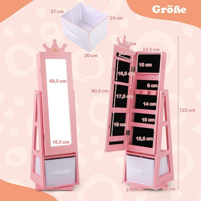 Dulap de bijuterii pentru copii Dulap cu oglindă basculante 2 în 1 cu oglindă pe toată lungimea 31,5 x 30 x 115 cm roz