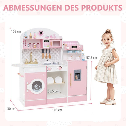 Bucatarie copii cu 27 de accesorii, bucatarie de joaca din lemn cu ceas, cuptor cu microunde, roz