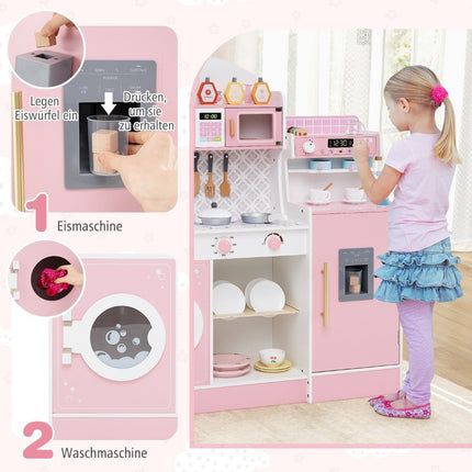 Bucatarie copii cu 27 de accesorii, bucatarie de joaca din lemn cu ceas, cuptor cu microunde, roz