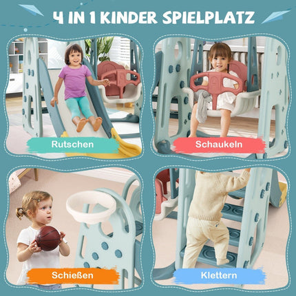 Children's swing with slide, height-adjustable seat, 4 in 1 swing & slide & basketball hoop & ladder for children from 18 months