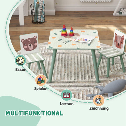 Children's table and chairs - animal design, 3-8 years, green