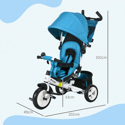 Tricicletă pentru copii, bicicletă pentru copii, coș pentru spate, suport pentru pahare, baldachin, metal, albastru