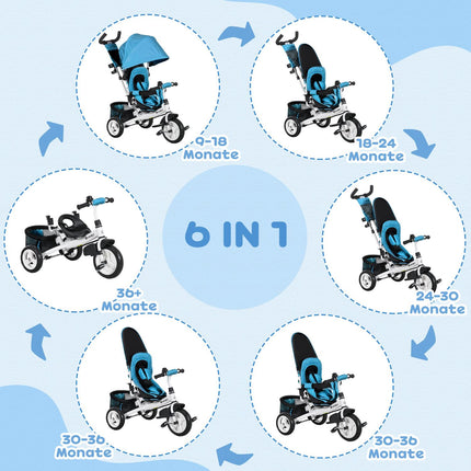 Tricicletă pentru copii, bicicletă pentru copii, coș pentru spate, suport pentru pahare, baldachin, metal, albastru
