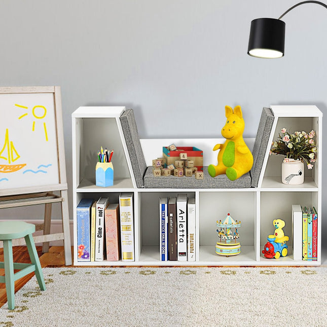 Bibliotecă pentru copii din lemn cu perne și raft cub din spate 102,5 x 30 x 63,5 cm alb