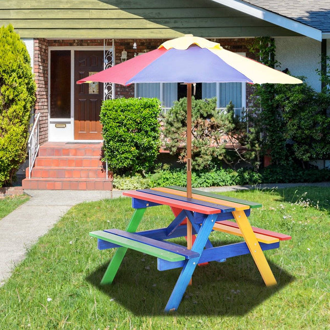 Set de scaune pentru copii din lemn, set de gradina, mobilier pentru copii, masa pentru copii cu umbrela de soare si 2 banci pentru exterior