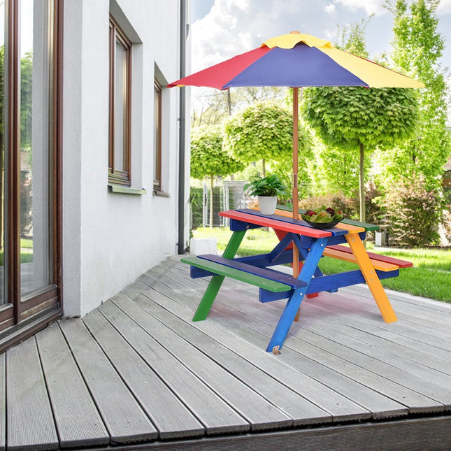 Set de scaune pentru copii din lemn, set de gradina, mobilier pentru copii, masa pentru copii cu umbrela de soare si 2 banci pentru exterior
