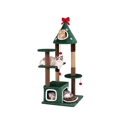 Christmas Cat Tree 54 Inch with 2 Condos and Jute Post, Removable Cushion, Green