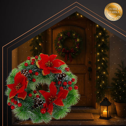 Coroană de Crăciun 30cm – Conuri de pin, Fructe de pădure roșii, PVC