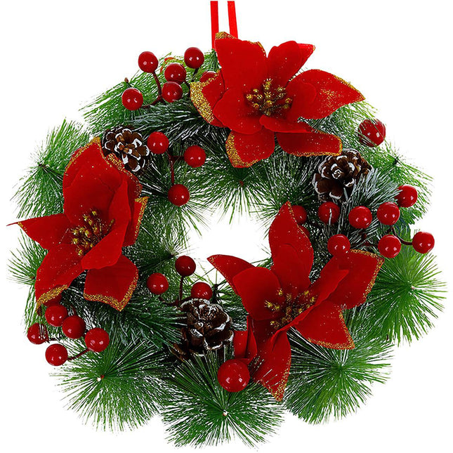 Coroană de Crăciun 30cm – Conuri de pin, Fructe de pădure roșii, PVC