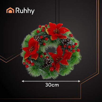 Coroană de Crăciun 30cm – Conuri de pin, Fructe de pădure roșii, PVC