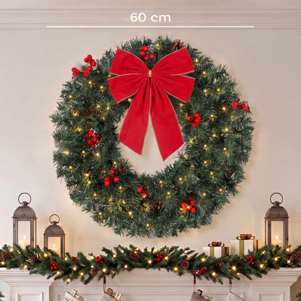 Christmas Wreath 60 cm with 50 Warm White LEDs and Bow, 8 Light Modes, 140 Tips