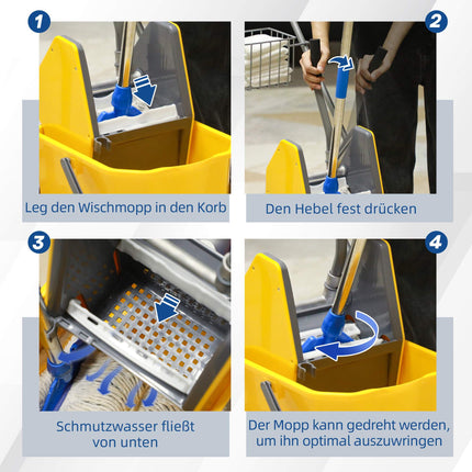 Cărucior de curățare cu storcător, capacitate 25L, 4 roți, galben