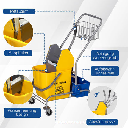 Cărucior de curățare cu storcător, capacitate 25L, 4 roți, galben