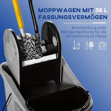 Mobile cleaning trolley with 36L bucket and twister, grey