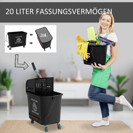 Cărucior de curățare, găleată mobilă, găleată de curățare, 20 litri, cărucior de ștergere cu presă, 2 camere, negru