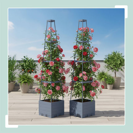 Climbing Plant Planter with Trellis and Water Reservoir, Set of 2, 145 cm, Grey