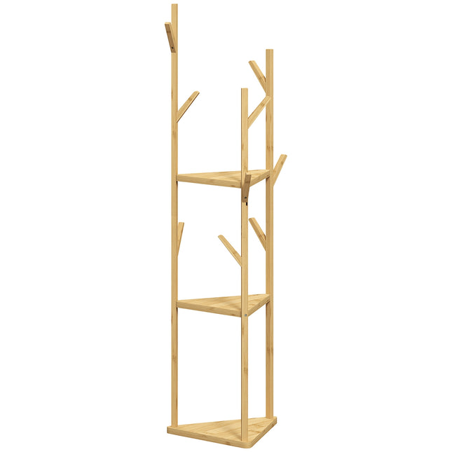 Raft pentru haine, Suport pentru haine cu 8 cârlige, 3 nivele, Suport Jacker pentru pălării, haine, intrare, hol, 45 x 45 x 170 cm, bambus, natural |