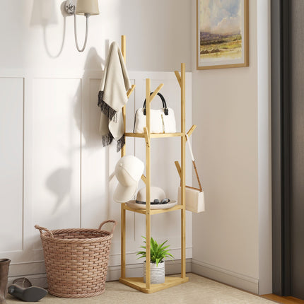 Raft pentru haine, Suport pentru haine cu 8 cârlige, 3 nivele, Suport Jacker pentru pălării, haine, intrare, hol, 45 x 45 x 170 cm, bambus, natural |