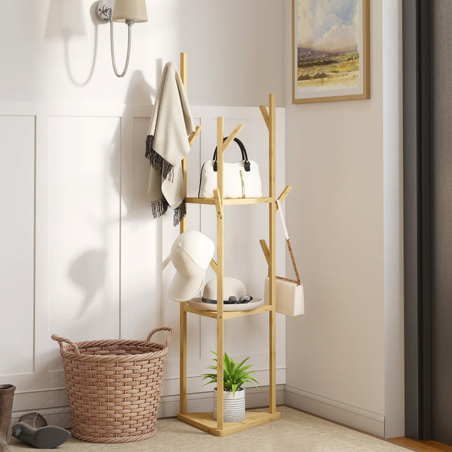 Raft pentru haine, Suport pentru haine cu 8 cârlige, 3 nivele, Suport Jacker pentru pălării, haine, intrare, hol, 45 x 45 x 170 cm, bambus, natural |