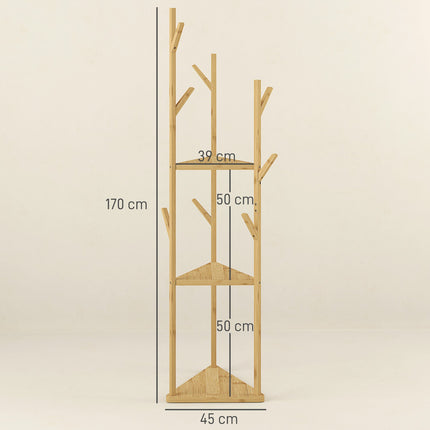 Raft pentru haine, Suport pentru haine cu 8 cârlige, 3 nivele, Suport Jacker pentru pălării, haine, intrare, hol, 45 x 45 x 170 cm, bambus, natural |