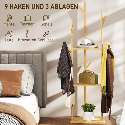 Raft pentru haine, Suport pentru haine cu 8 cârlige, 3 nivele, Suport Jacker pentru pălării, haine, intrare, hol, 45 x 45 x 170 cm, bambus, natural |