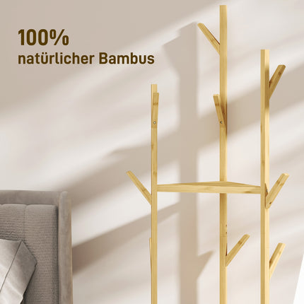 Raft pentru haine, Suport pentru haine cu 8 cârlige, 3 nivele, Suport Jacker pentru pălării, haine, intrare, hol, 45 x 45 x 170 cm, bambus, natural |