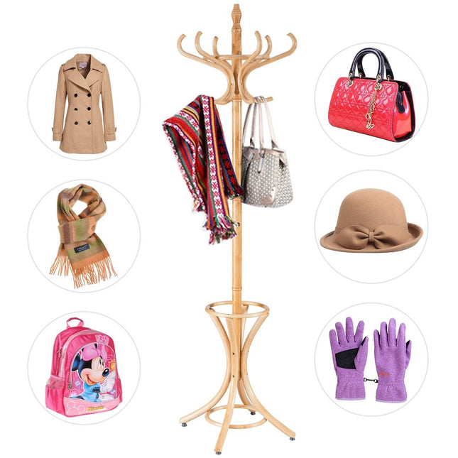 Raft cu suport pentru umbrele, 12 carlige, lemn natural