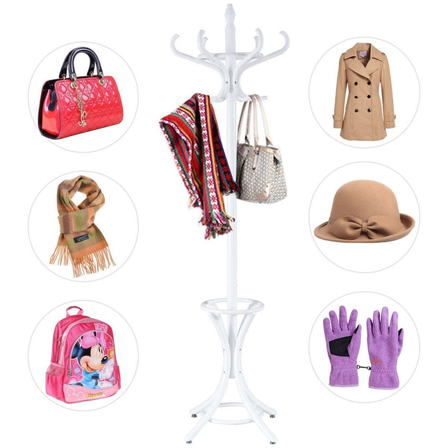 Coat rack coat rack jacket rack with umbrella stand 12 coat hooks-white