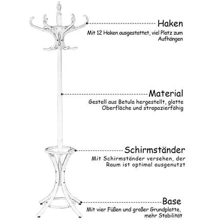 Coat rack coat rack jacket rack with umbrella stand 12 coat hooks-white