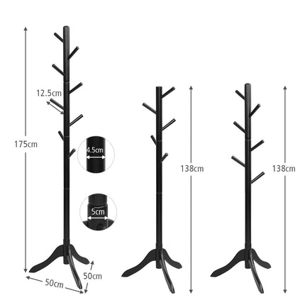 Rafăr cu 8 cârlige, suport pentru haine din lemn, reglabil pe înălțime, 175 cm, negru