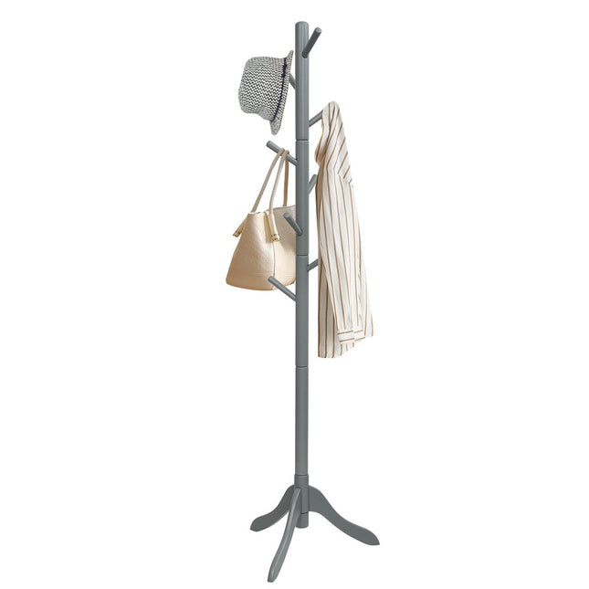 Coat rack with 8 hooks, wooden clothes rack, height adjustable, 175 cm, grey