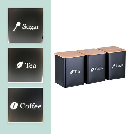 Borcane pentru depozitarea cafelei, ceaiului și zahărului – Set metalic de 3 piese