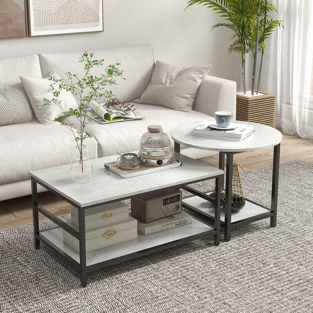 Modern coffee table in marble look with 2 pcs., steel frame