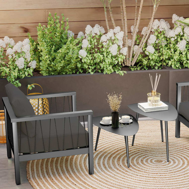 Set de 2 măsuțe de cafea, masă de balcon rezistentă la intemperii din oțel, măsuță laterală cu design geometric, măsuță de cafea pentru exterior, masă de grădină, masă de terasă pentru grădină, terasă, balcon, negru