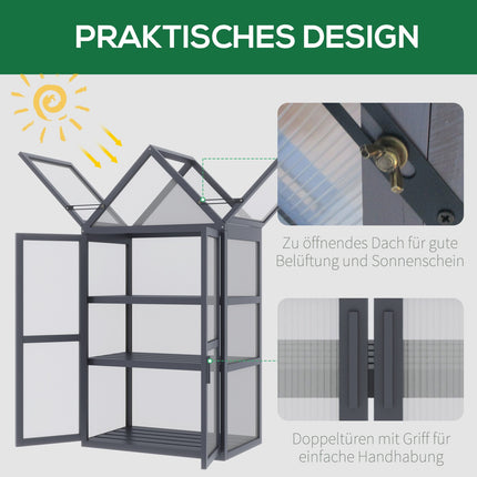 Mini greenhouse, 3-level wooden frame with hinged roof