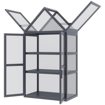 Mini greenhouse, 3-level wooden frame with hinged roof
