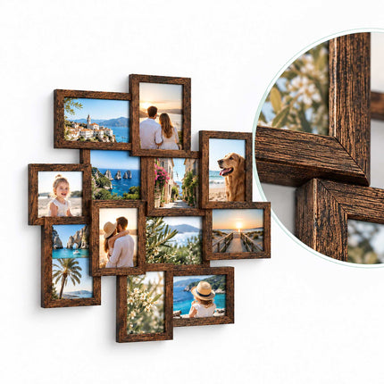 Collage Picture Frame for 12 Photos, 10 x 15 cm, Wall Mounted, Brown