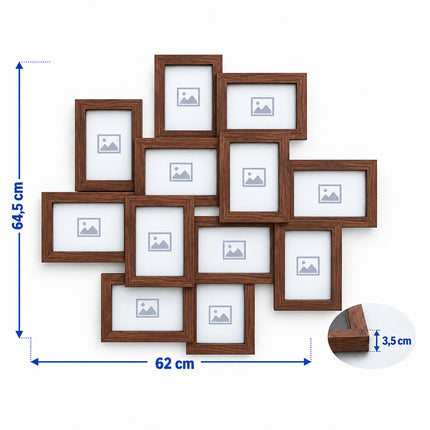 Collage Picture Frame for 12 Photos, 10 x 15 cm, Wall Mounted, Brown